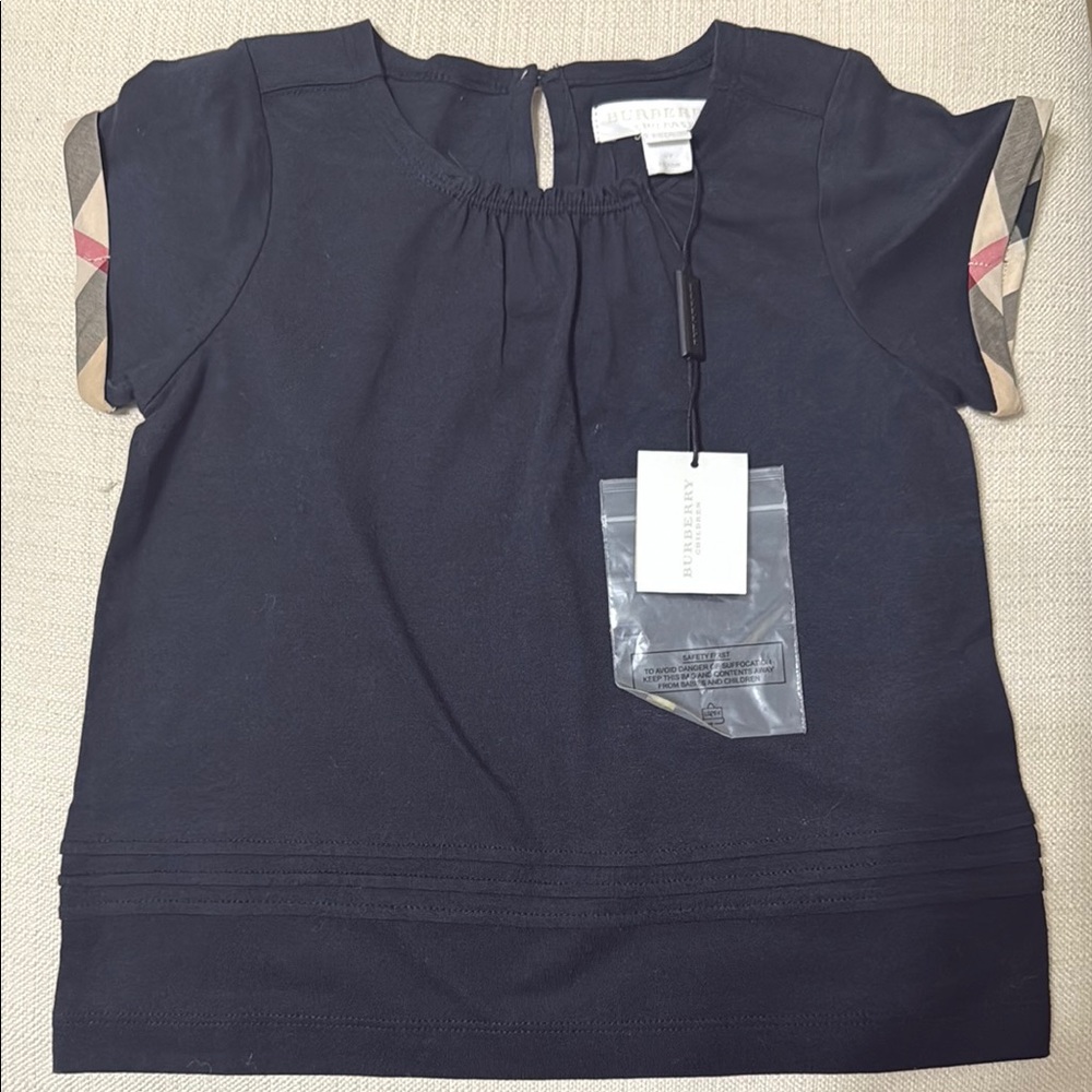 Burberry Blue Blouse with Pleated Neckline and Cap Sleeves